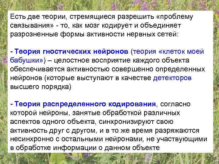Есть две теории, стремящиеся разрешить «проблему связывания» - то, как мозг кодирует и объединяет