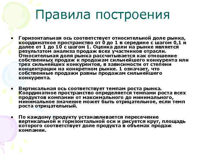    Правила построения •  Горизонтальная ось соответствует относительной доле рынка, координатное