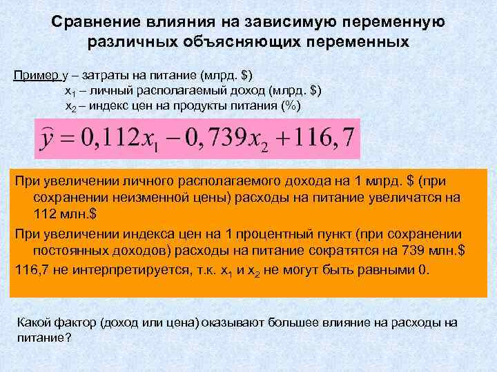  Сравнение влияния на зависимую переменную   различных объясняющих переменных Пример y –