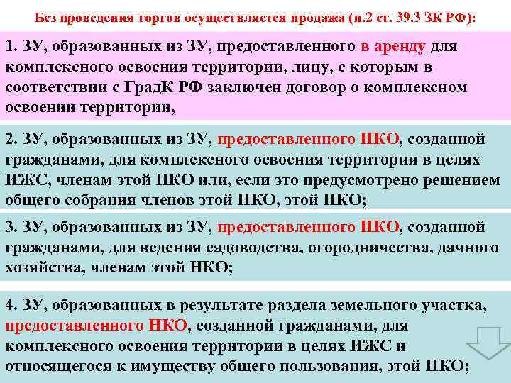   Без проведения торгов осуществляется продажа (п. 2 ст. 39. 3 ЗК РФ):