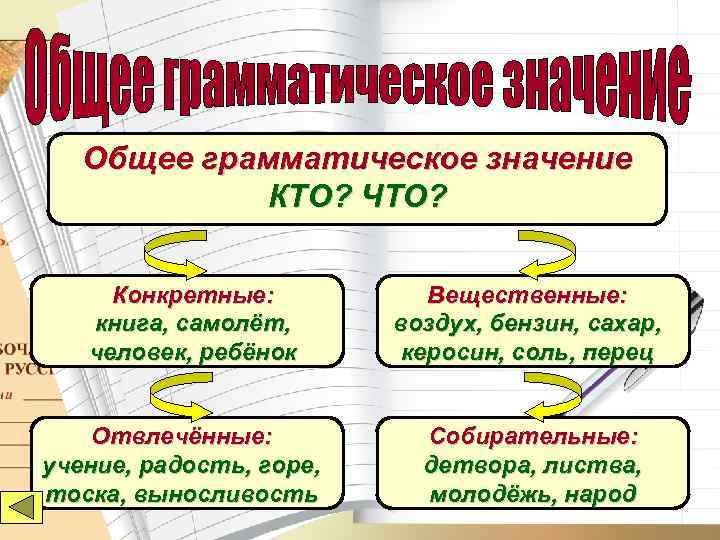  Общее грамматическое значение   КТО? ЧТО?  Конкретные:   Общее