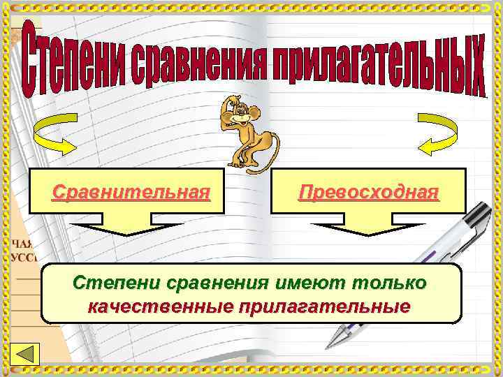 Сравнительная  Превосходная Степени сравнения имеют только  качественные прилагательные 