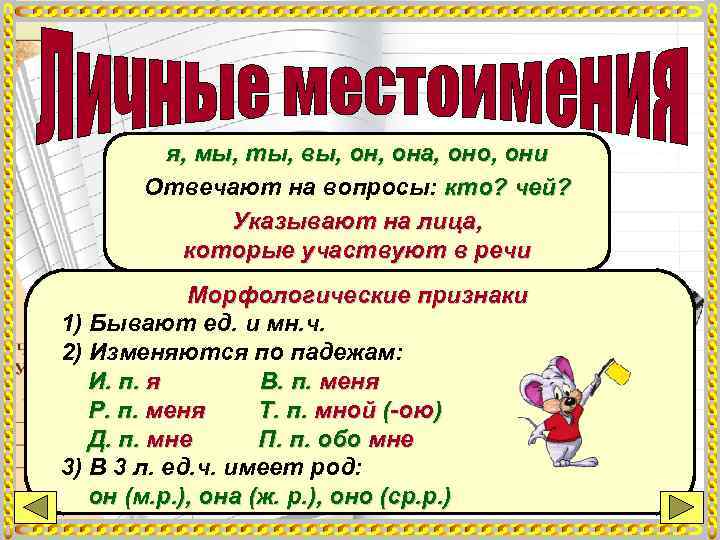   я, мы, ты, вы, она, оно, они  Отвечают на вопросы: кто?