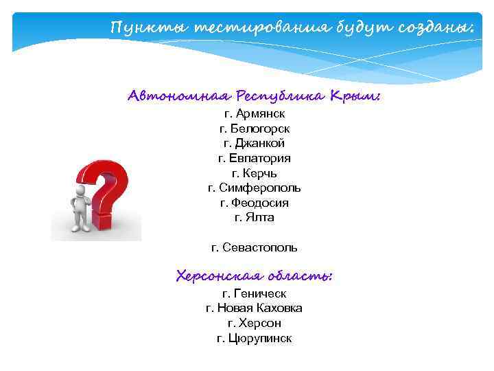 Пункты тестирования будут созданы: Автономная Республика Крым:    г. Армянск  