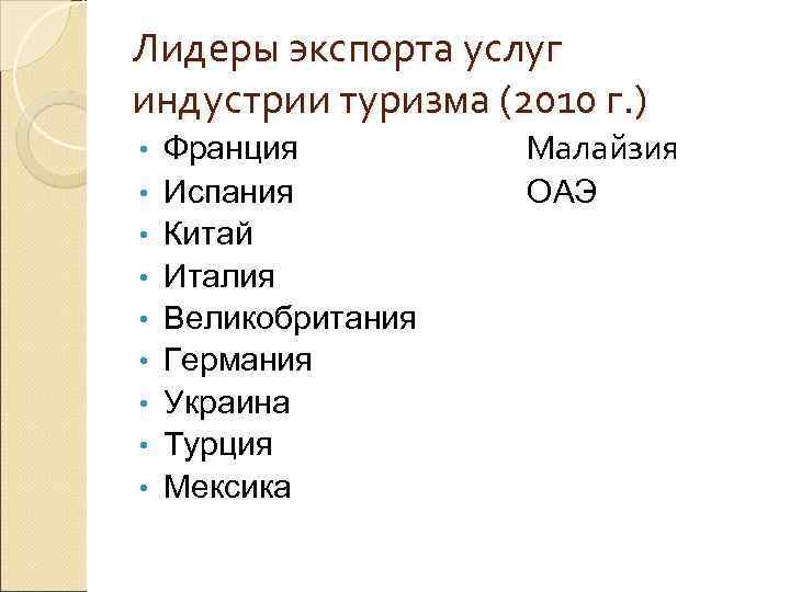 Лидеры экспорта услуг индустрии туризма (2010 г. ) •  Франция   Малайзия