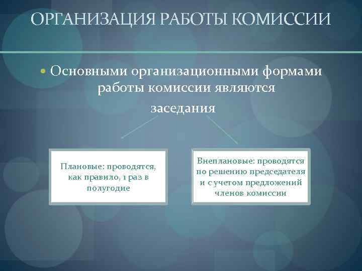 ОРГАНИЗАЦИЯ РАБОТЫ КОМИССИИ  Основными организационными формами  работы комиссии являются   заседания