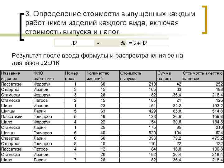   3. Определение стоимости выпущенных каждым работником изделий каждого вида, включая стоимость выпуска