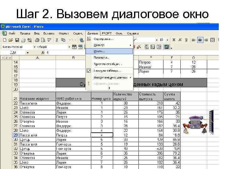 Шаг 2. Вызовем диалоговое окно  «Промежуточные итоги» 