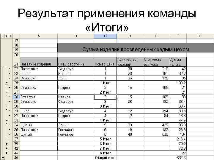 Результат применения команды   «Итоги» 