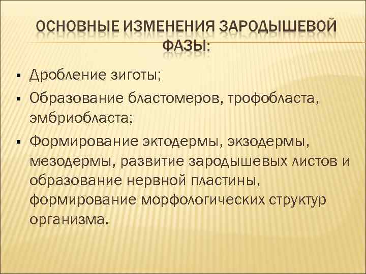 Дробление зиготы; Образование бластомеров, трофобласта, эмбриобласта; Формирование эктодермы, экзодермы, мезодермы, развитие зародышевых Дробление зиготы; Образование бластомеров, трофобласта, эмбриобласта; Формирование эктодермы, экзодермы, мезодермы, развитие зародышевых