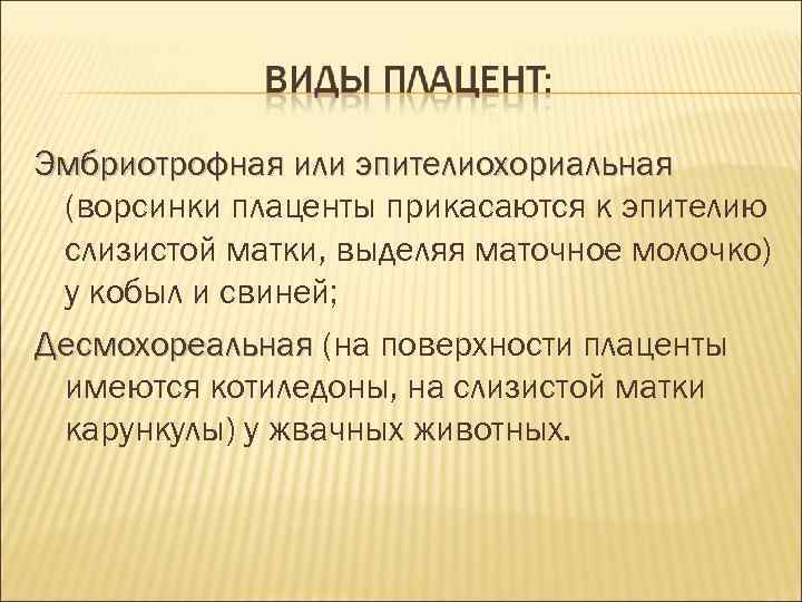 Эмбриотрофная или эпителиохориальная (ворсинки плаценты прикасаются к эпителию слизистой матки, выделяя маточное молочко) у Эмбриотрофная или эпителиохориальная (ворсинки плаценты прикасаются к эпителию слизистой матки, выделяя маточное молочко) у