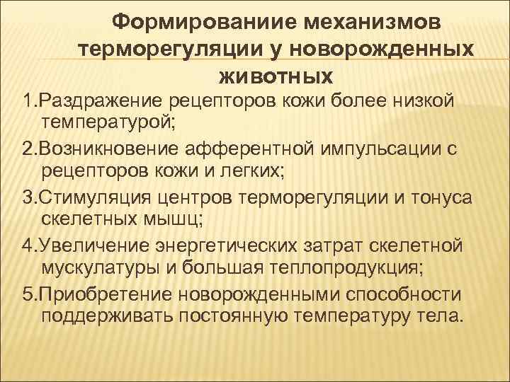 Формированиие механизмов терморегуляции у новорожденных животных 1. Раздражение рецепторов кожи Формированиие механизмов терморегуляции у новорожденных животных 1. Раздражение рецепторов кожи