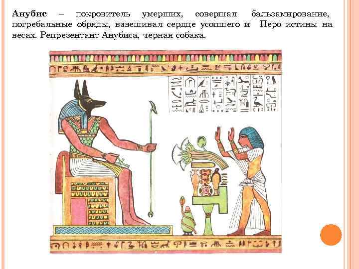Анубис – покровитель умерших, совершал   бальзамирование, погребальные обряды, взвешивал сердце усопшего и