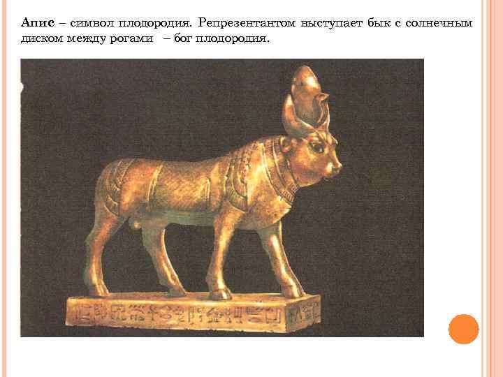 Апис – символ плодородия. Репрезентантом выступает бык с солнечным диском между рогами – бог