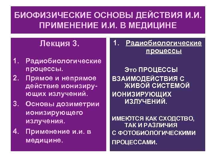 Основа действия. Биофизические основы. Биофизические процессы. Биофизическое действие. Стадии развития радиобиологического процесса.