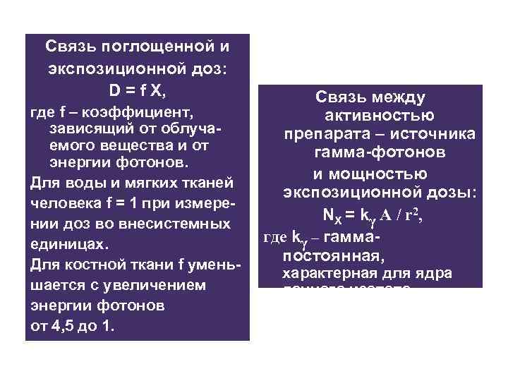  Связь поглощенной и экспозиционной доз:   D = f X,  