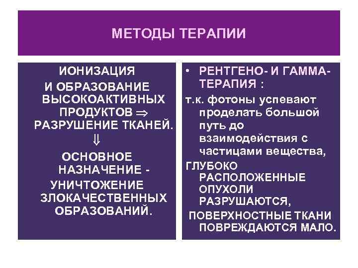    МЕТОДЫ ТЕРАПИИ ИОНИЗАЦИЯ   • РЕНТГЕНО- И ГАММА-  И