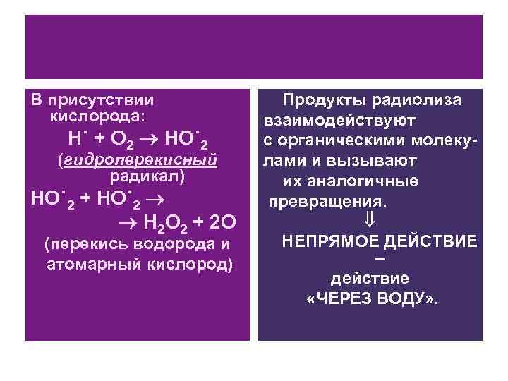 В присутствии   Продукты радиолиза  кислорода:   взаимодействуют  H˙ +