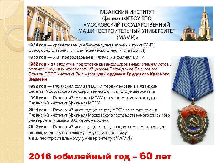 1956 год — организован учебно-консультационный пункт (УКП) Всесоюзного заочного политехнического института (ВЗПИ) 1965 год