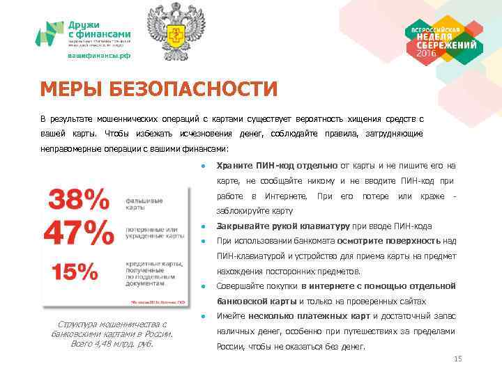 МЕРЫ БЕЗОПАСНОСТИ В результате мошеннических операций с картами существует вероятность хищения средств с вашей
