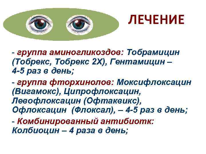      ЛЕЧЕНИЕ - группа аминогликоздов: Тобрамицин (Тобрекс, Тобрекс 2 Х),
