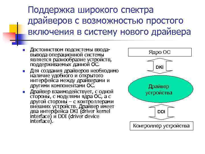   Поддержка широкого спектра драйверов с возможностью простого включения в систему нового драйвера