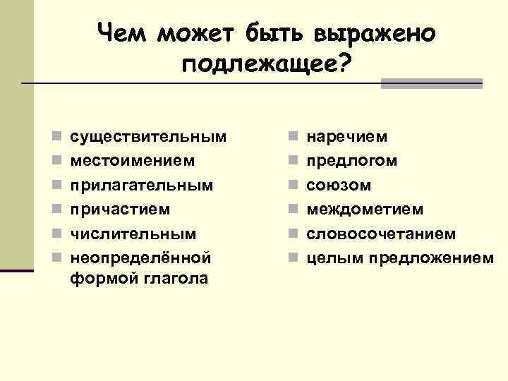   Чем может быть выражено   подлежащее?  n существительным  n