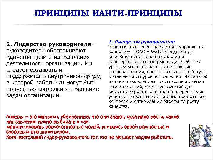 ПРИНЦИПЫ ИАНТИ-ПРИНЦИПЫ 1. Лидерство руководителя 2. Лидерство руководителя – ПРИНЦИПЫ ИАНТИ-ПРИНЦИПЫ 1. Лидерство руководителя 2. Лидерство руководителя –