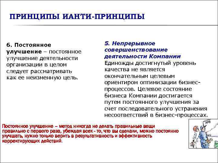 ПРИНЦИПЫ ИАНТИ-ПРИНЦИПЫ 6. Постоянное 5. Непрерывное улучшение ПРИНЦИПЫ ИАНТИ-ПРИНЦИПЫ 6. Постоянное 5. Непрерывное улучшение