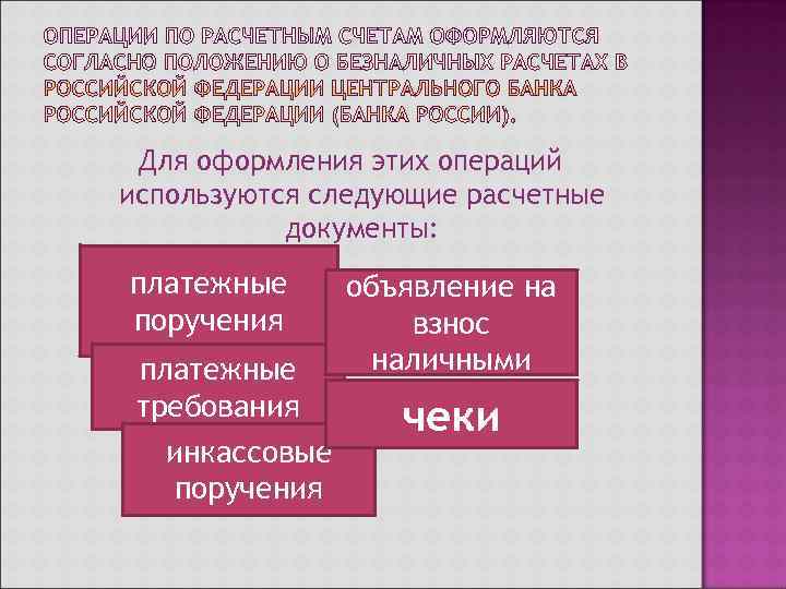  Для оформления этих операций используются следующие расчетные  документы: платежные  объявление на