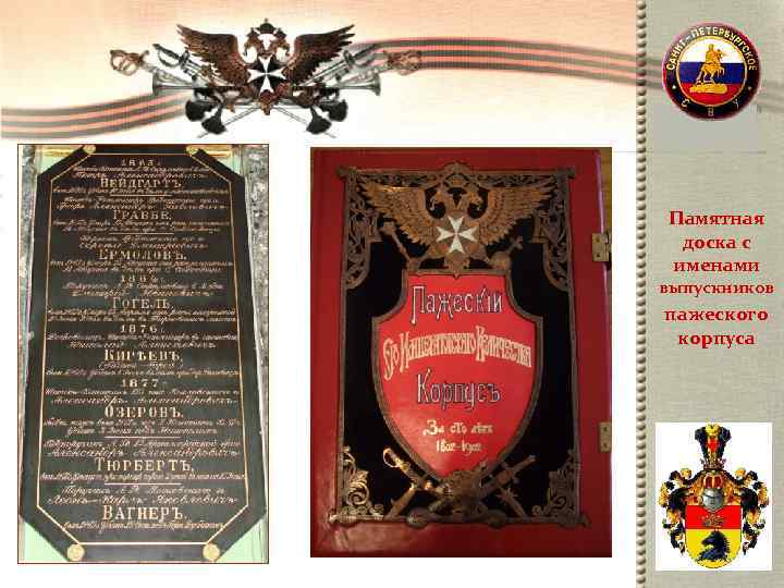 Памятная  доска с именами выпускников пажеского  корпуса 