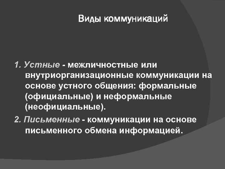    Виды коммуникаций  1. Устные - межличностные или внутриорганизационные коммуникации на