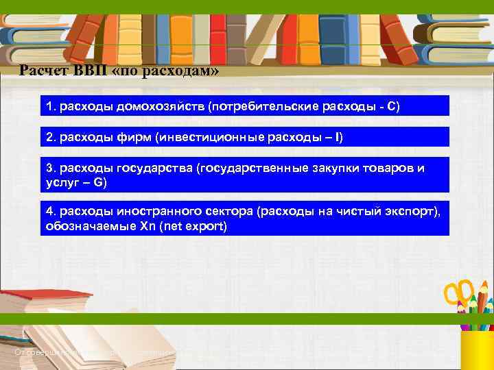 Расчет ВВП «по расходам»   1. расходы домохозяйств (потребительские расходы - С) 