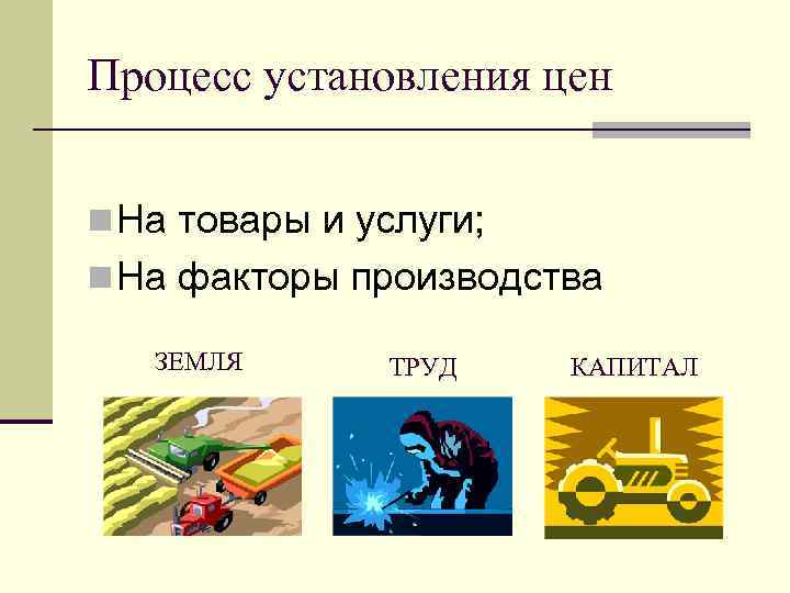 Процесс установления цен  n На товары и услуги; n На факторы производства ЗЕМЛЯ