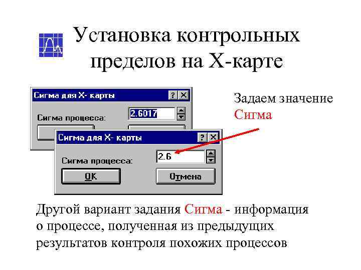  Установка контрольных  пределов на Х-карте     Задаем значение 