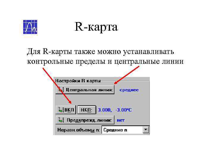   R-карта Для R-карты также можно устанавливать контрольные пределы и центральные линии 