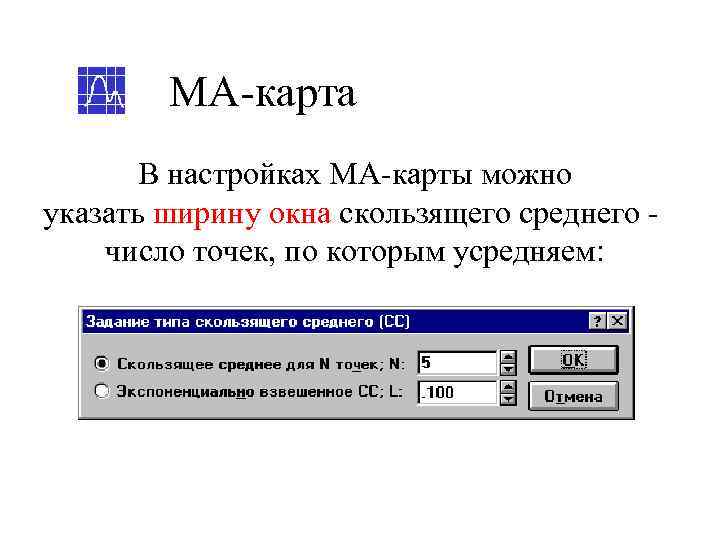   МА-карта  В настройках МА-карты можно указать ширину окна скользящего среднего -