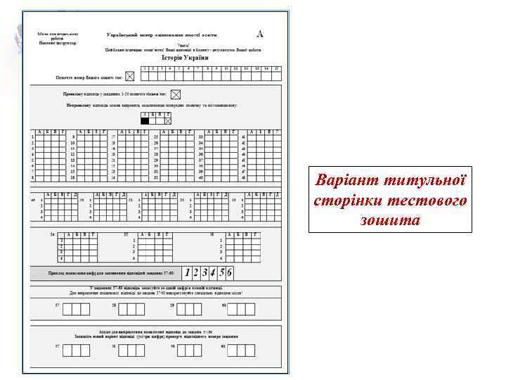 Варіант титульної сторінки тестового  зошита 