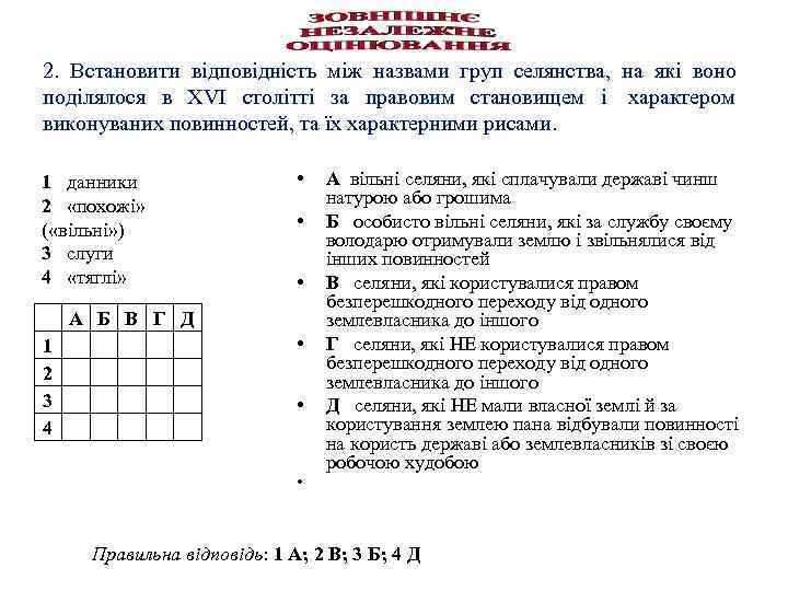 2.  Встановити відповідність між назвами груп селянства,  на які воно поділялося в