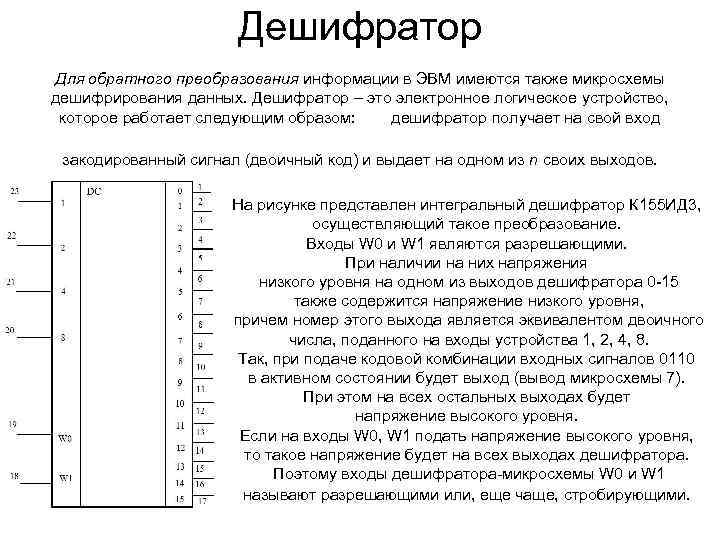     Дешифратор Для обратного преобразования информации в ЭВМ имеются также микросхемы