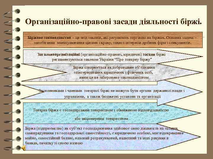 Організаційно-правові засади діяльності біржі.  Біржове законодавство – це звід законів, які регулюють торгівлю
