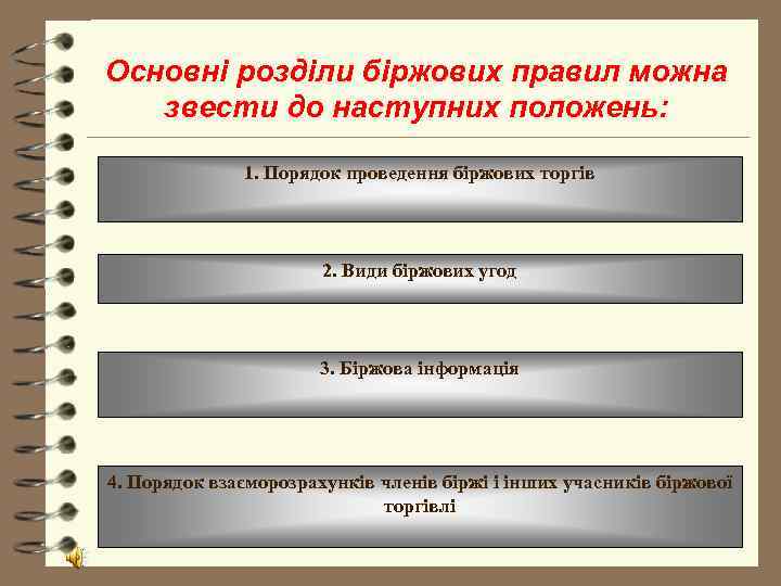Основні розділи біржових правил можна  звести до наступних положень:   1. Порядок