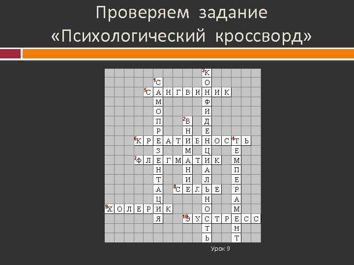   Проверяем задание «Психологический кроссворд»     Урок 9 