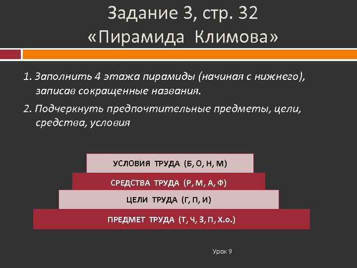    Задание 3, стр. 32   «Пирамида Климова» 1. Заполнить 4