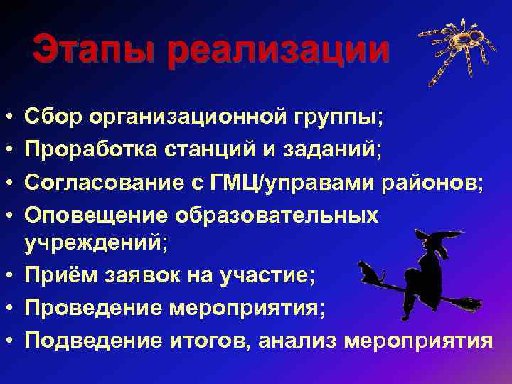   Этапы реализации • Сбор организационной группы;  • Проработка станций и заданий;
