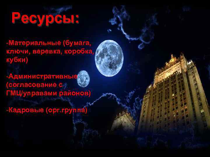  Ресурсы: -Материальные (бумага, ключи, веревка, коробка, кубки) -Административные (согласование с ГМЦ/управами районов) -Кадровые