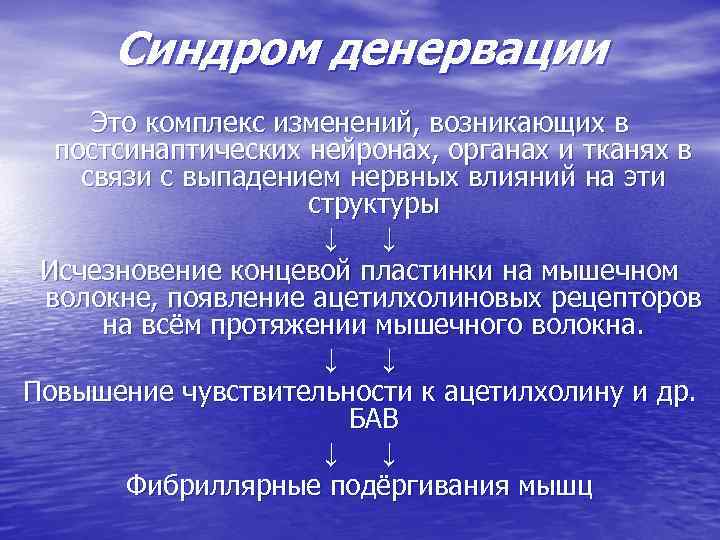  Синдром денервации Это комплекс изменений, возникающих в  постсинаптических нейронах, органах и тканях