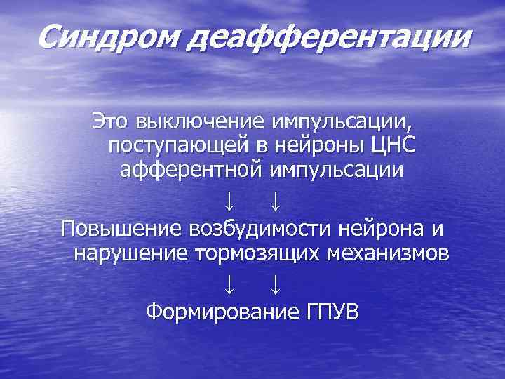 Синдром деафферентации Это выключение импульсации,  поступающей в нейроны ЦНС  афферентной импульсации 