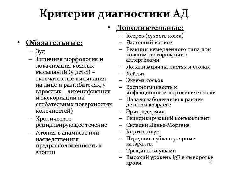  Критерии диагностики АД     • Дополнительные:    