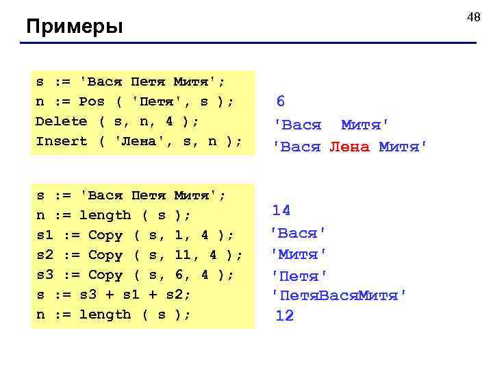      48 Примеры s : = 'Вася Петя Митя'; n